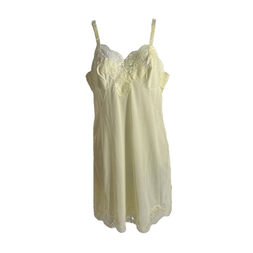 Vintage 70s Sears Non-Cling Full Slip Dress Buttercup Yellow Lace Trim Size 34 M